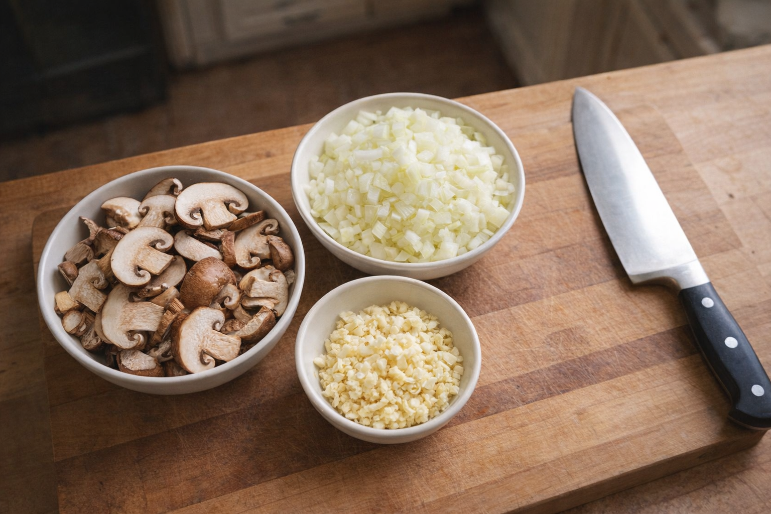 An overhead shot of sliced cremini and shiitake mushrooms, chopped yellow onion, and minced garlic arranged in separate bowls on a wooden cutting board, next to a chef's knife